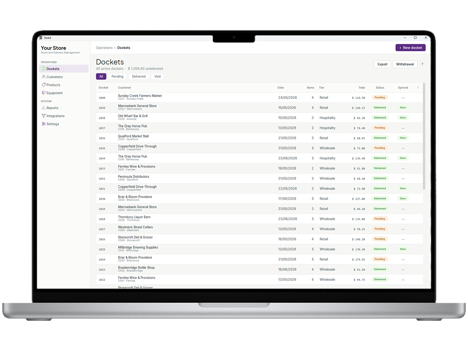 Stokd dockets view showing orders, customers, and delivery status
