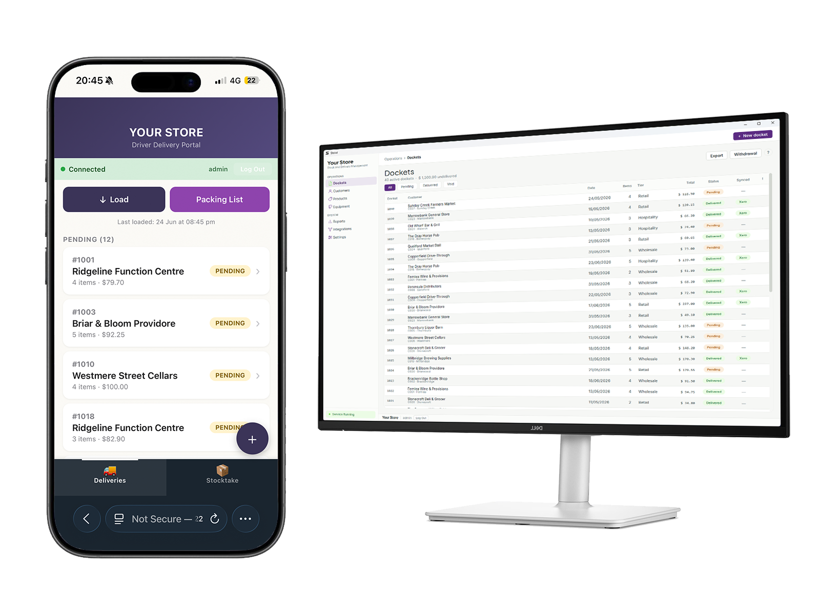 Stokd desktop app alongside the driver delivery app on a phone